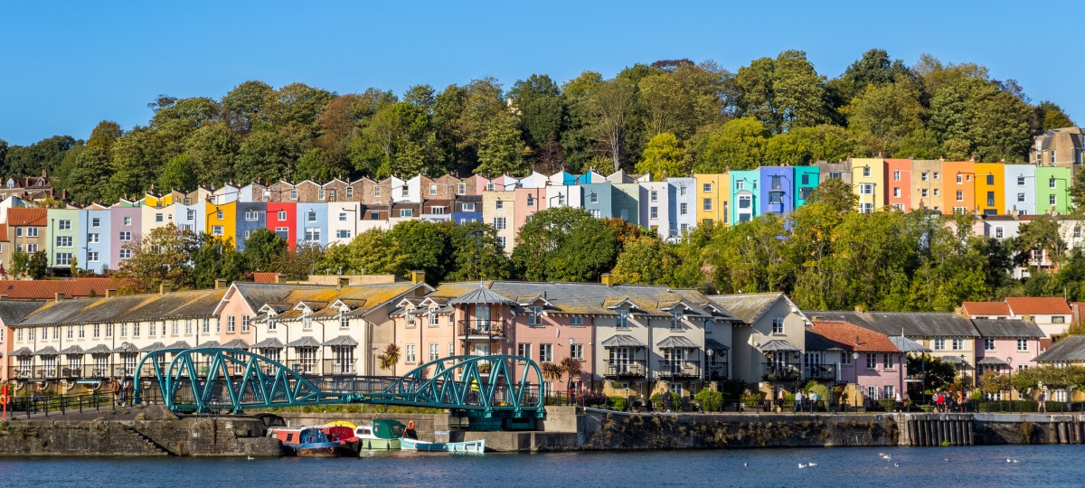 Bristol cityscape, colourful terraced houses in Cliftonwood, Bristol, England 