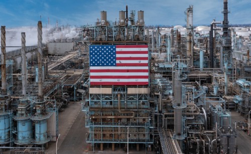 American flag on oil refinery plant