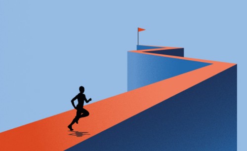 Stylised illustration of a silhouetted person running up a winding path towards a flag