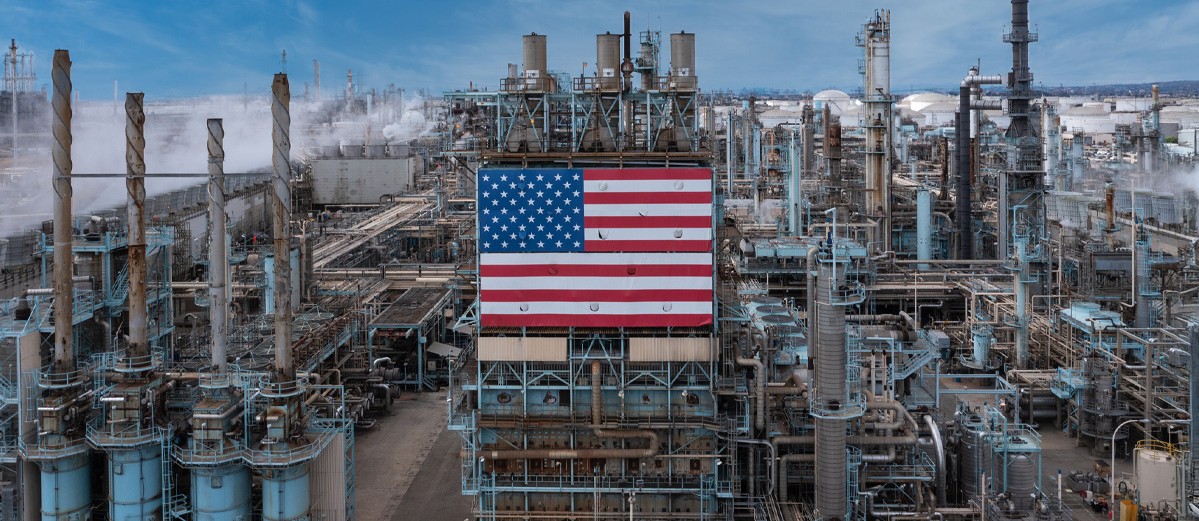 American flag on oil refinery plant