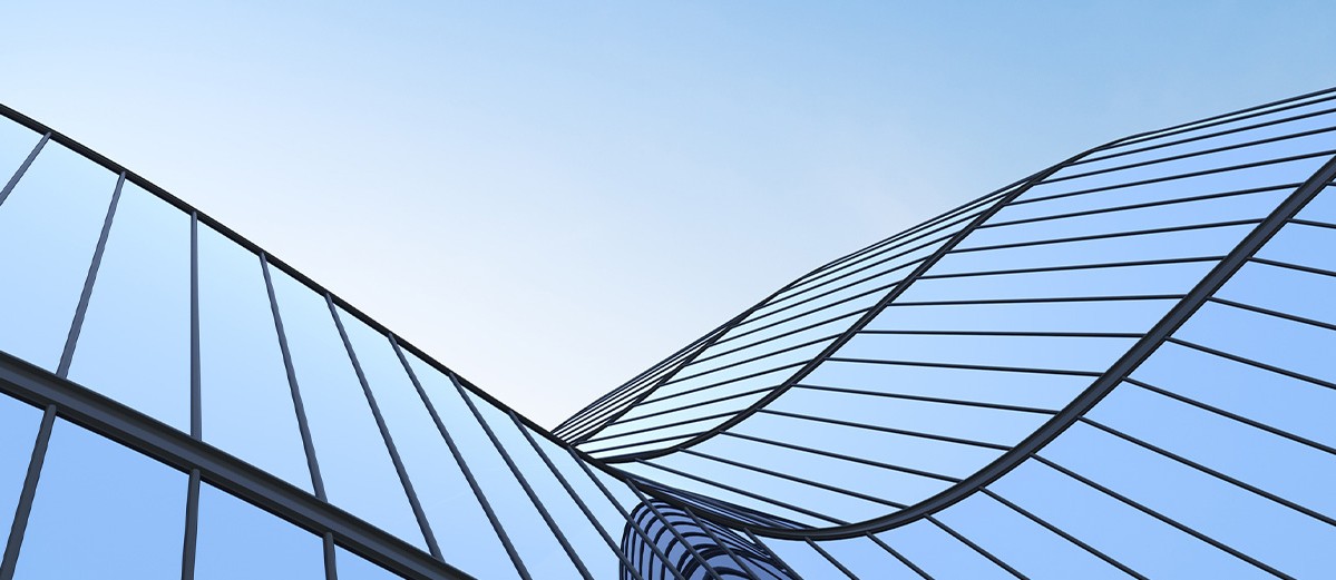 Low angle view of futuristic architecture, Skyscraper of office building with curve glass window