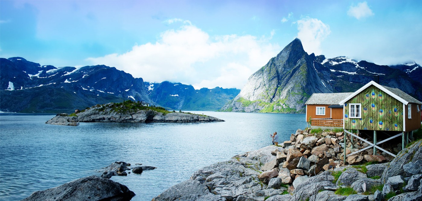 House on the lake with couple looking at the water